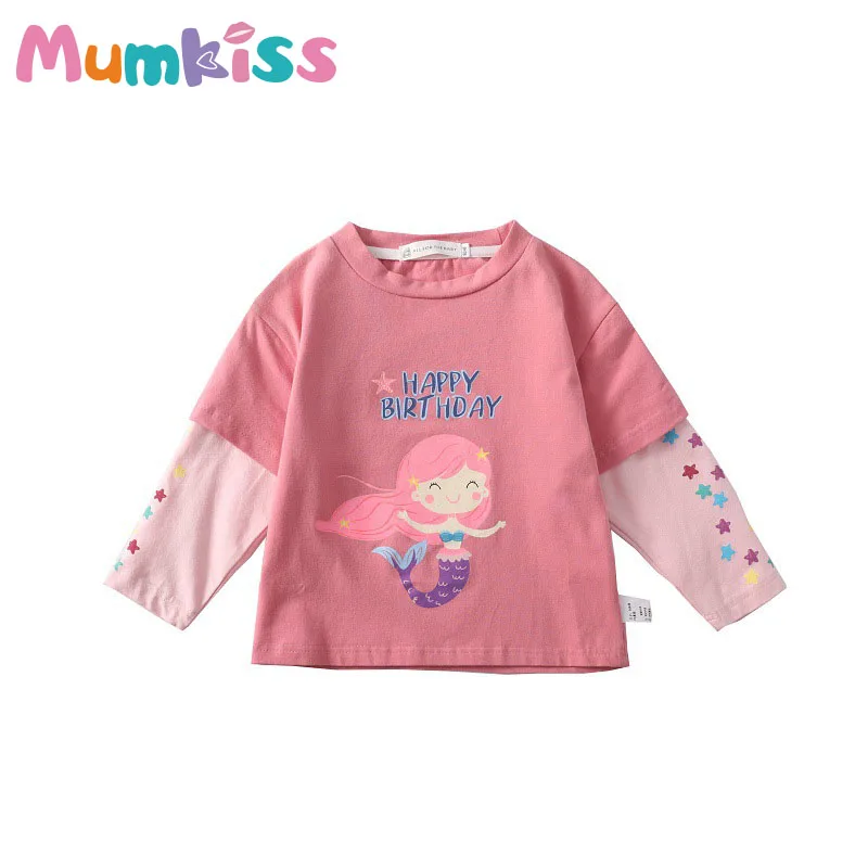 

Mumkiss Kids Long Sleeve T-Shirt Spring and Autumn Round Neck Cotton Cartoon Print Splice Sleeve Top Loose 3-8 Y Girls Clothes
