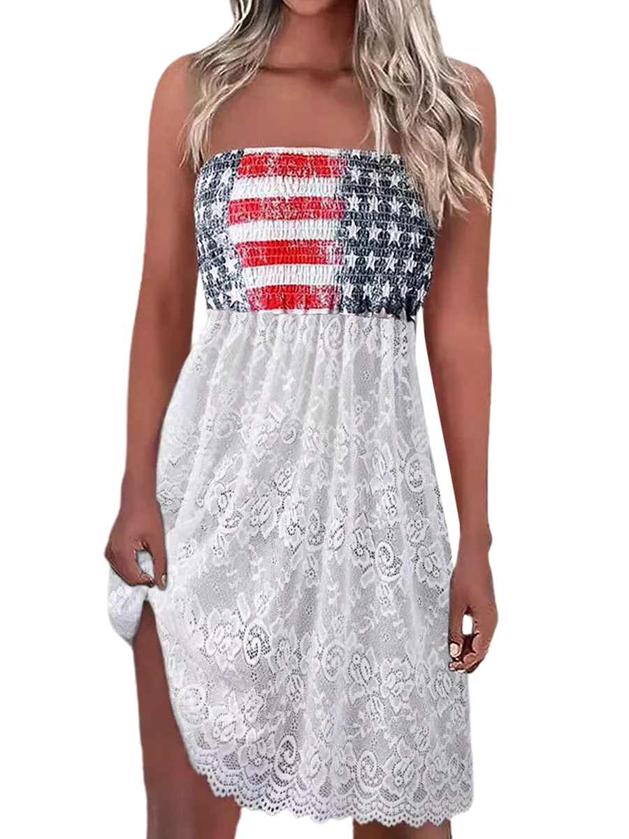

Womenss 4th of July Shirts USA Flag Print Dress Sleeveless Strapless Patriotic American Independence Day Tube Dress