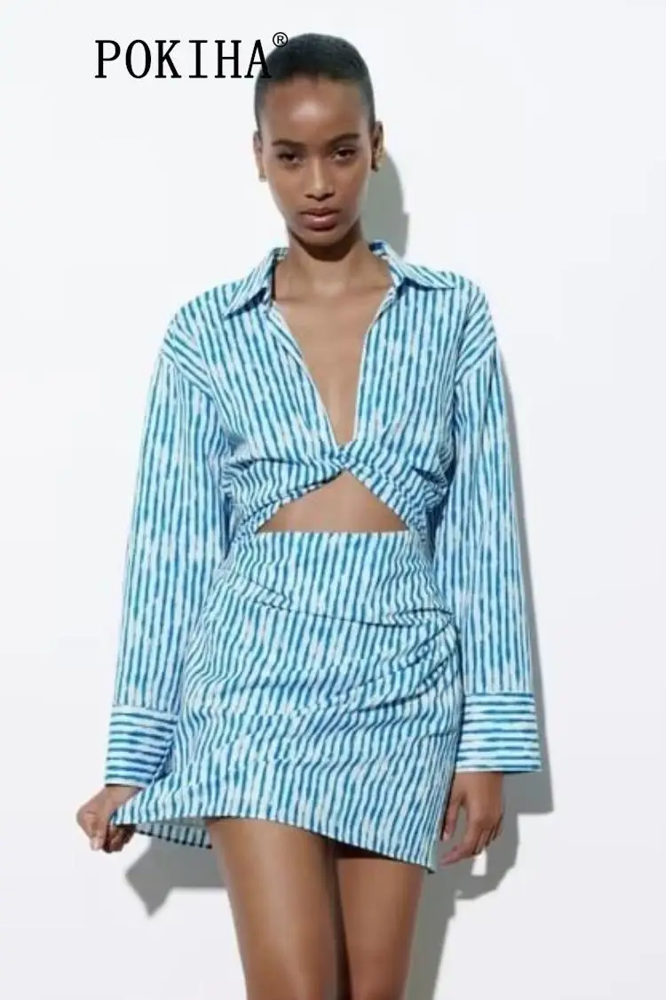 

Pokiha Fashion Women New Elegant Pleated Striped Linen Mini Dress Casual Long Sleeve Cut Out Chic Female Dresses Vestidos Mujer