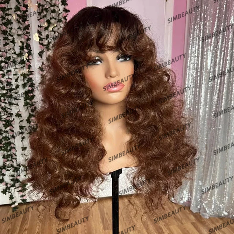Dark Roots Bronzed Brown Deep Loose Wave 100% Remy Human Hair Black Women Wigs with Bangs Glueless Fringe 360 Lace Frontal Wigs