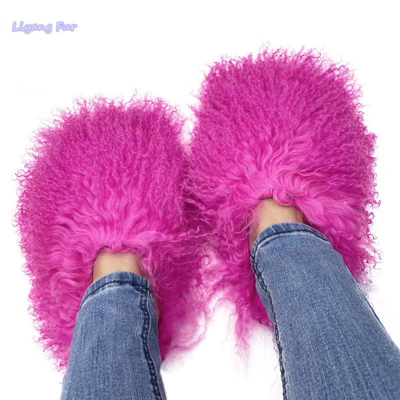 High Quality Women's Fluffy Mongolian Fur Slides Shaggy Curly Sheepskin Flat Bottom Long Fur Slippers