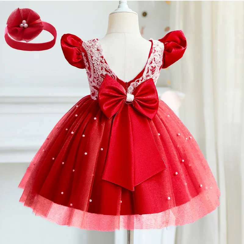

Princess Baby Girl Dress Backless Wedding Party Gown Bownot Lace Children Dress Toddler Flower Christmas Kids Princess Dresses
