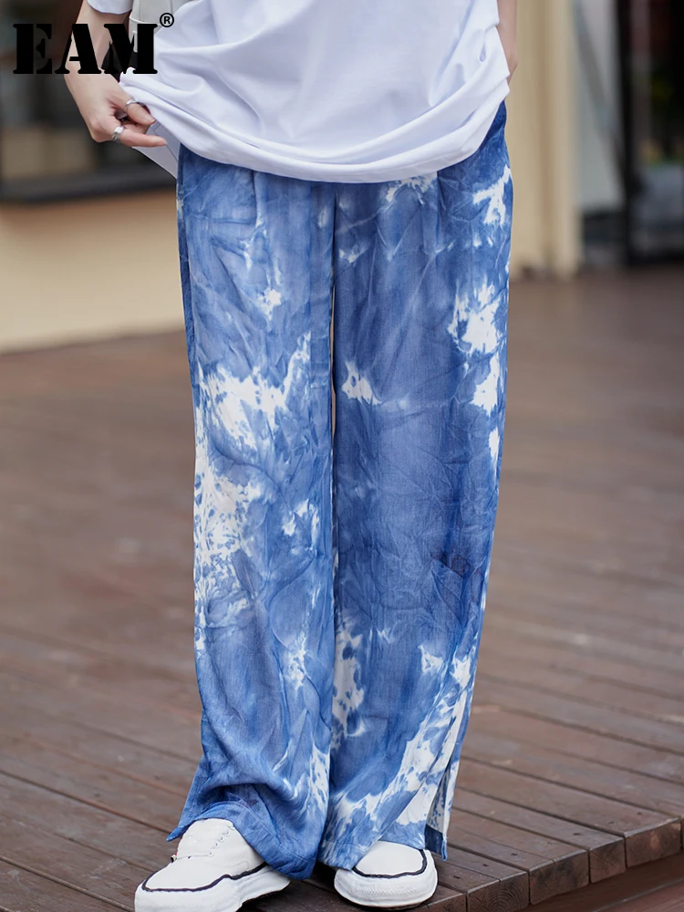 

[EAM] High Elastic Waist Blue Tie Dye Long Wide Leg Trousers New Loose Fit Pants Women Fashion Tide Spring Autumn 2022 1DE8300