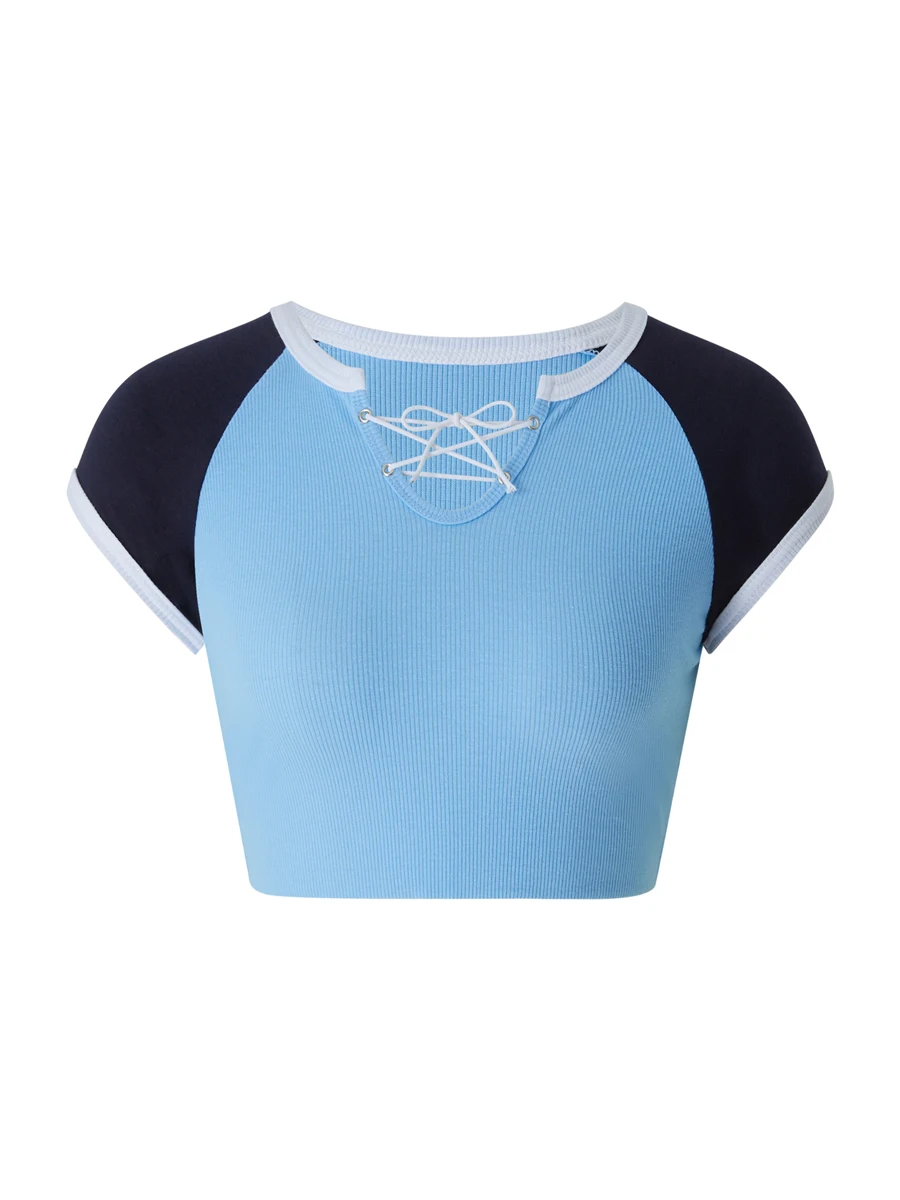 

ASNOUIFU женская футболка с коротким рукавом с открытым вырезом на шнуровке лоскутный летний женский кроп-топ для повседневного ношения