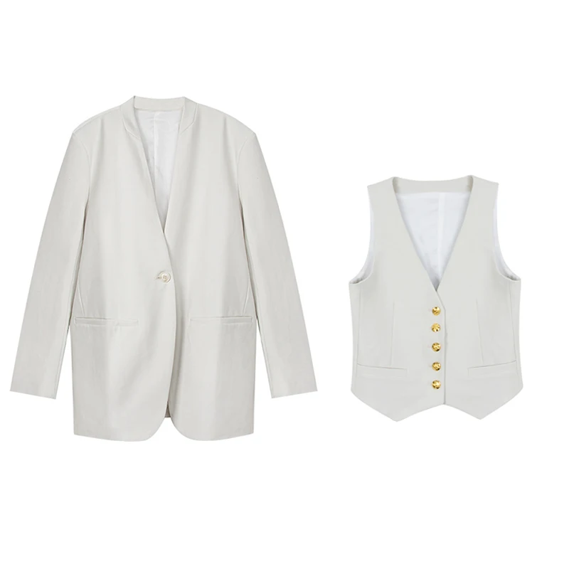 Womens Elegant Suit Jacket Vest Two-Piece V-Neck One-Button Solid Color Matching 2022 Office Wear Blazer Mujer