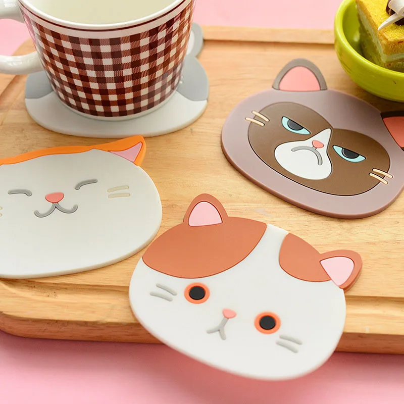 

Cute Cat Heat Resistant Silicone Mat Drink Cup Coasters Non-slip Pot Holder Table Placemat Kitchen Accessories Coasters Pads