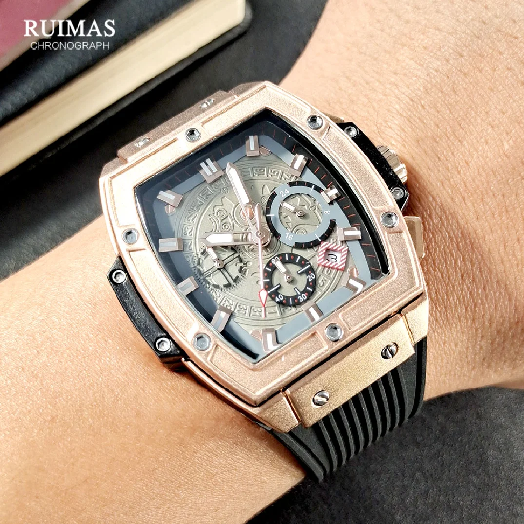 

RUIMAS Tonneau Dial Chronograph Quartz Watches for Men Fashion Sport Waterproof Wristwatch with Silicone Strap Date 24-hour 333