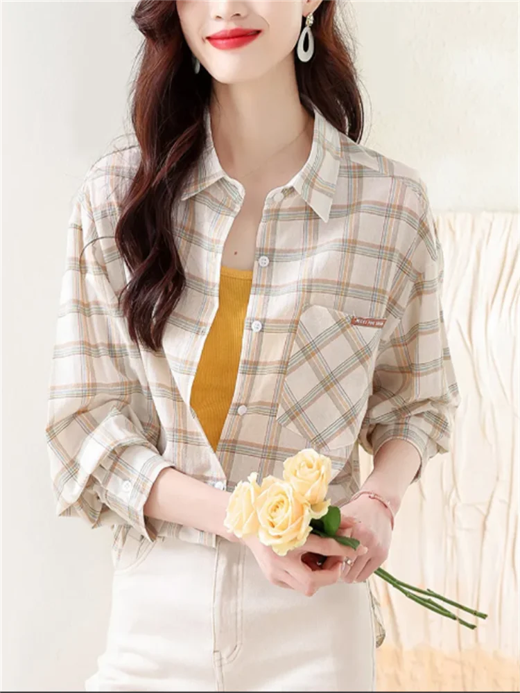 Простая блузка женская рубашка с длинным рукавом клетчатый топ из хлопковой