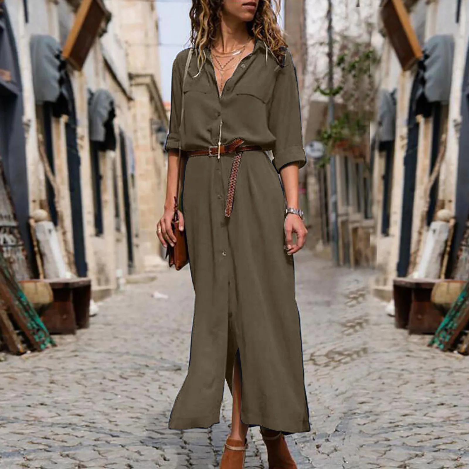 

Solid Green Blue Elegant Notched Collar Belted High Waist Vintage Dress Women Single-breasted Pleated Pinup Ladies Dresses
