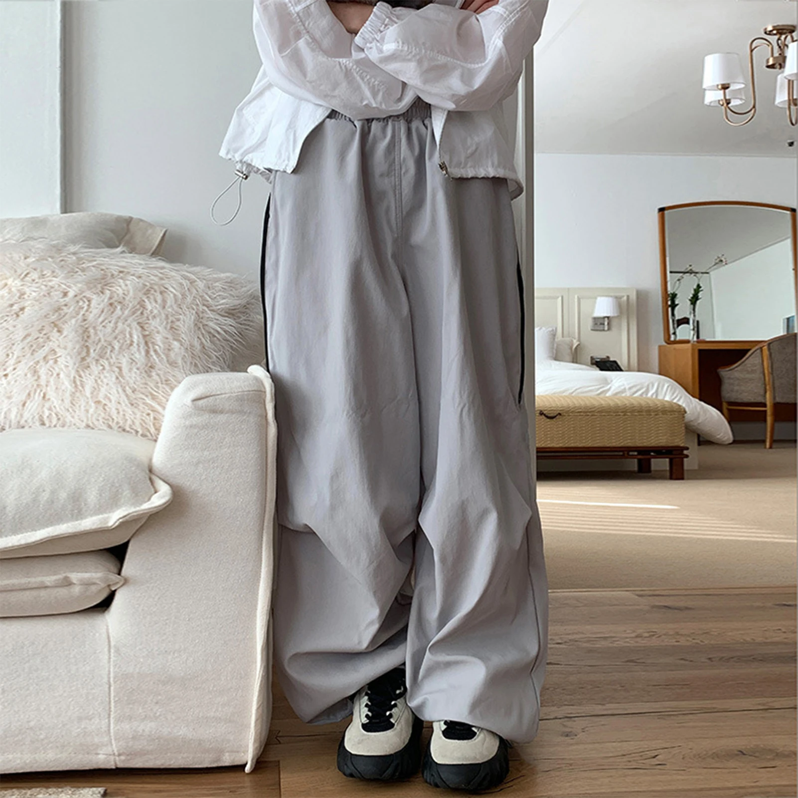 

Summer Women Straight Trousers Elastic Waist Y2K Parachute Cargo Pants Loose Side Zipper Hip-Hop Simple Fashion Streetwear 2023