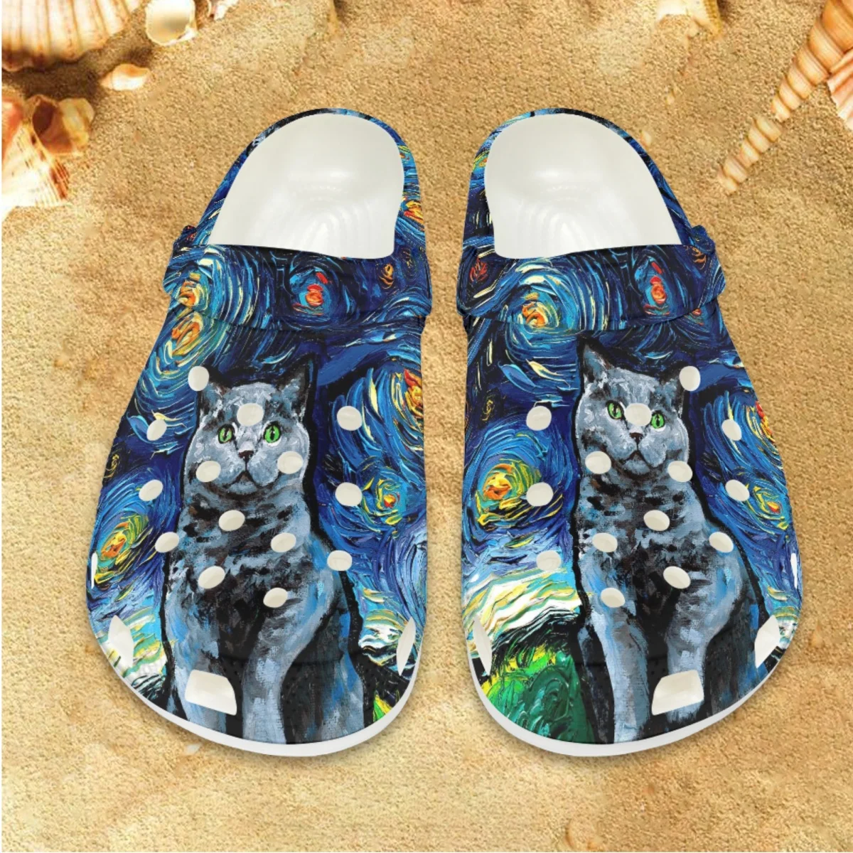 

2023 Funny Starry Night Cat Designer Summer Sandals Women Outdoor Leisure Indoor Slippers Breathable Non-slip Beach Flats Shoes