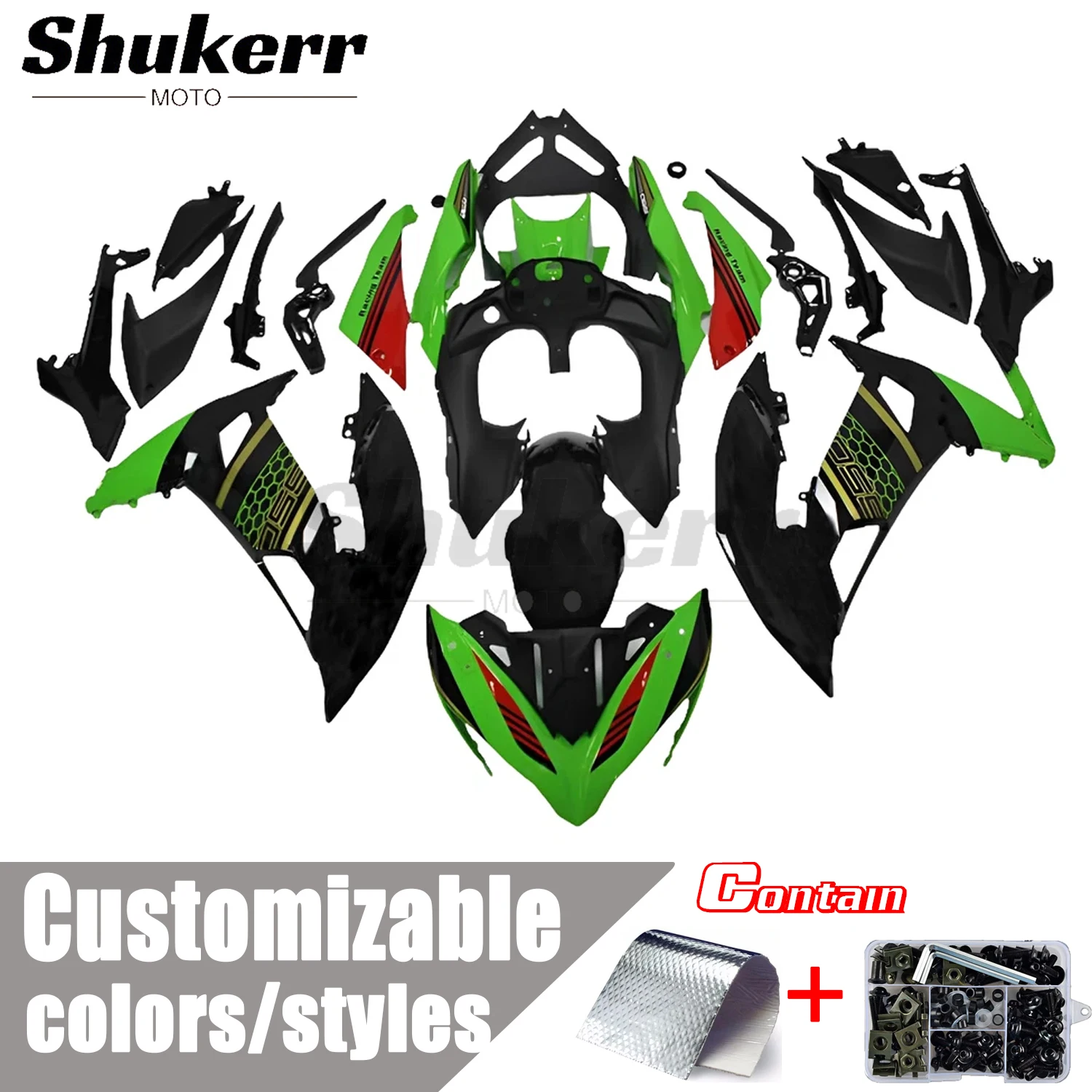 Фото Подходит для Kawasaki Ninja650R 2017-2019 Er-6F Shukerr Moto ABS пластик комплект обтекателя мотоцикла спортивный велосипед комплекты кузова черный зеленый №1