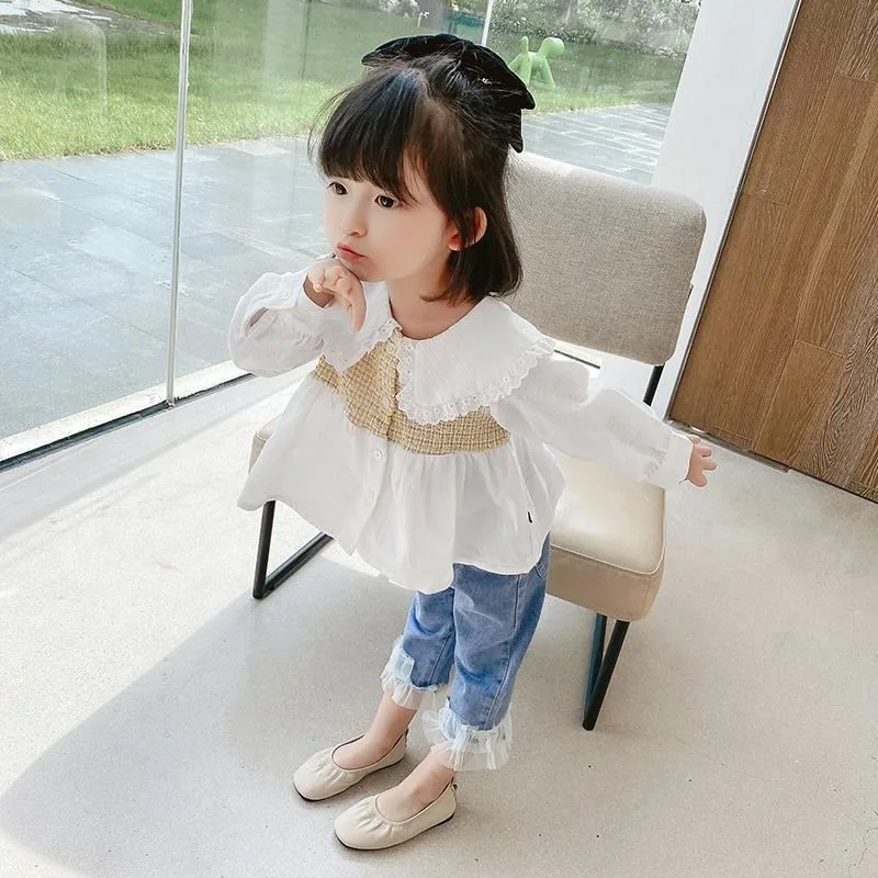 Корейский стиль топ с имитацией двух длинных рукавов для девочек рубашки детская