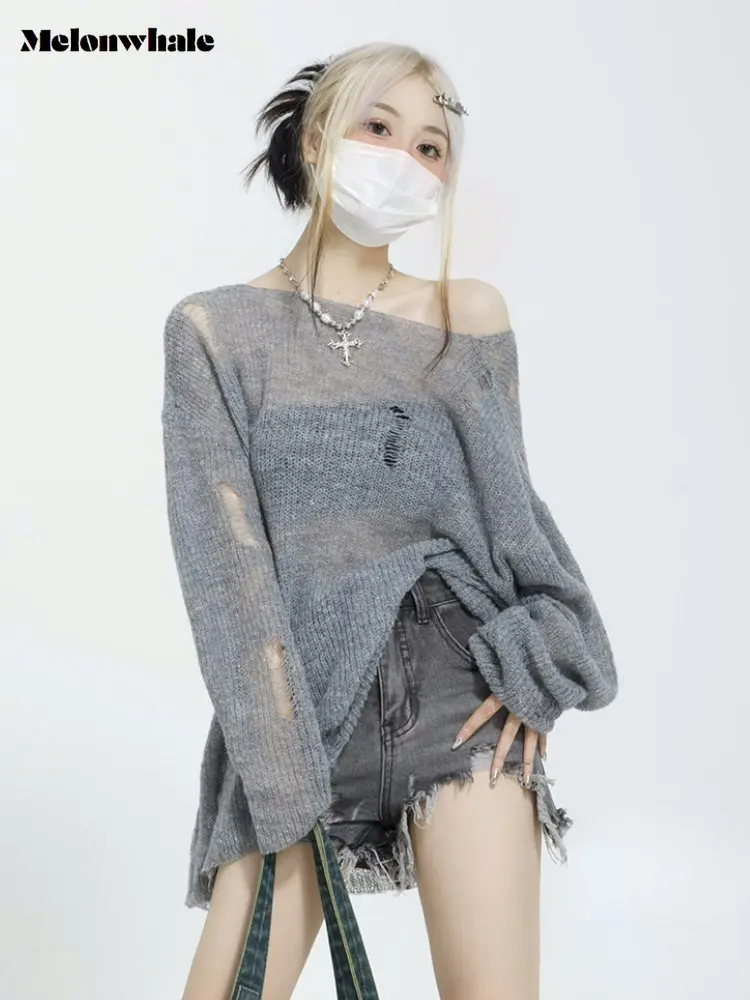 

2022 New In AW Women's American Retro Vintage Hollow Knitwear Thin Top Streetwear Y2k Traf Pullover Oversized Knitting Sweater