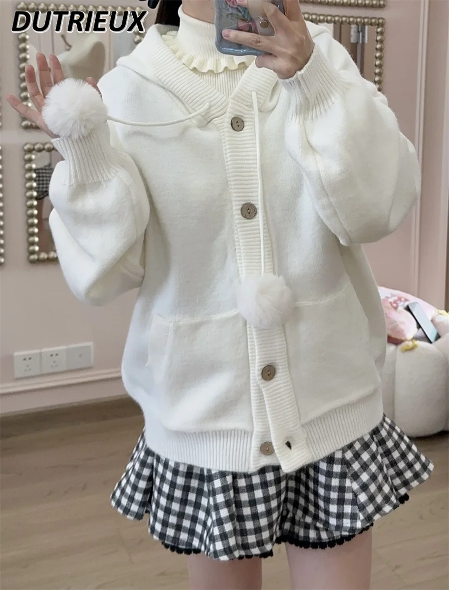 

Осенне-зимняя новая милая белая вязаная одежда для девочек Свободный кардиган с капюшоном однотонный однобортный свитер с длинным рукавом пальто