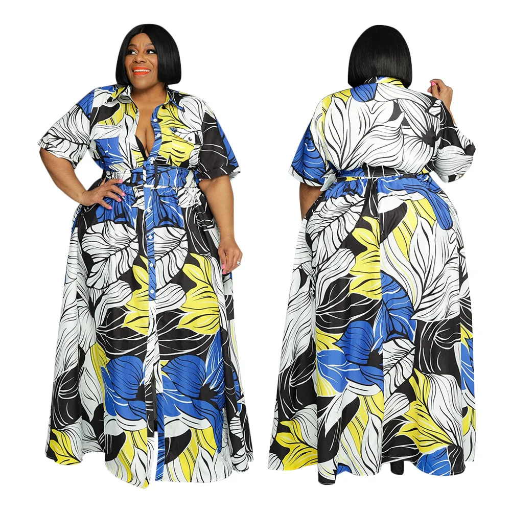 

2022 Summer Fashion African Women Short Sleeve Printing Polyester Long Dress African Robes African Dresses for Women