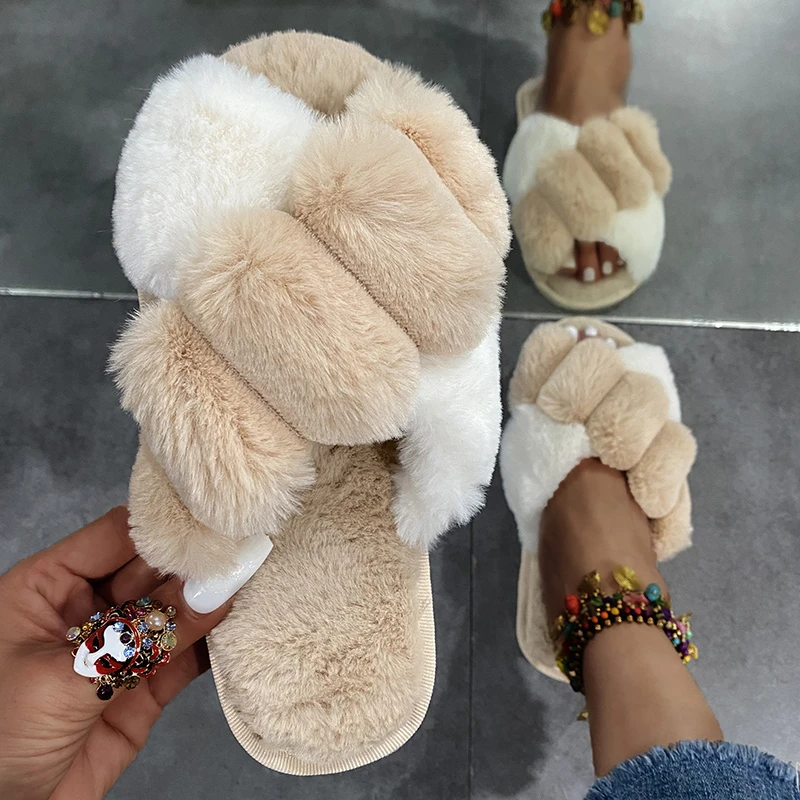 

Winter Women Furry Slippers Soft Plush Cross Faux Fur Shoes Indoor Ladies Fashion Color Matching Open Toe Fluffy House Slides