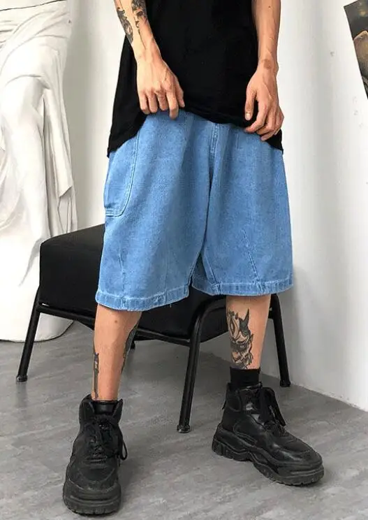 Tide Brand Hip-Hop Denim Shorts Men Summer Loose Straight Large Pocket Knee Length Jeans Men Casual Jeans