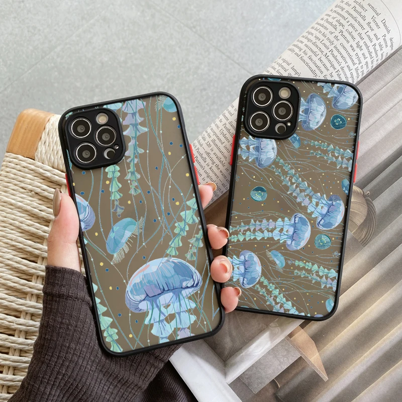 

Ocean Jellyfish Seaweed Animal Phone Case For iPhone 11 12 13 14 Pro Max Mini SE 7 8 Plus Skin Scrub Protection Phone Cover