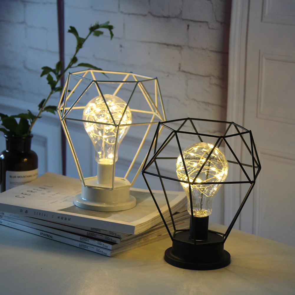 

Delicate Wrought Iron LED Bedside Night Light Battery Powered Geometric Shaped Desk Lamp Decor Lighting for Bedroom Room