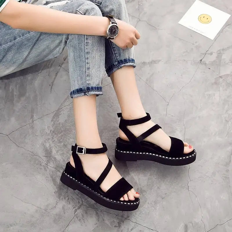 

Thick-soled Sandals Women 2022 New One-word Buckle Sandals Women's Flat-bottomed Korean Version of Roman Wedge Sandals