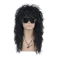 FGY Men's Black Punk 70's 80's Carp Head Wig Halloween Cosplay Long Curly Hair Rock High End Disco Costume Party Synthetic Wig