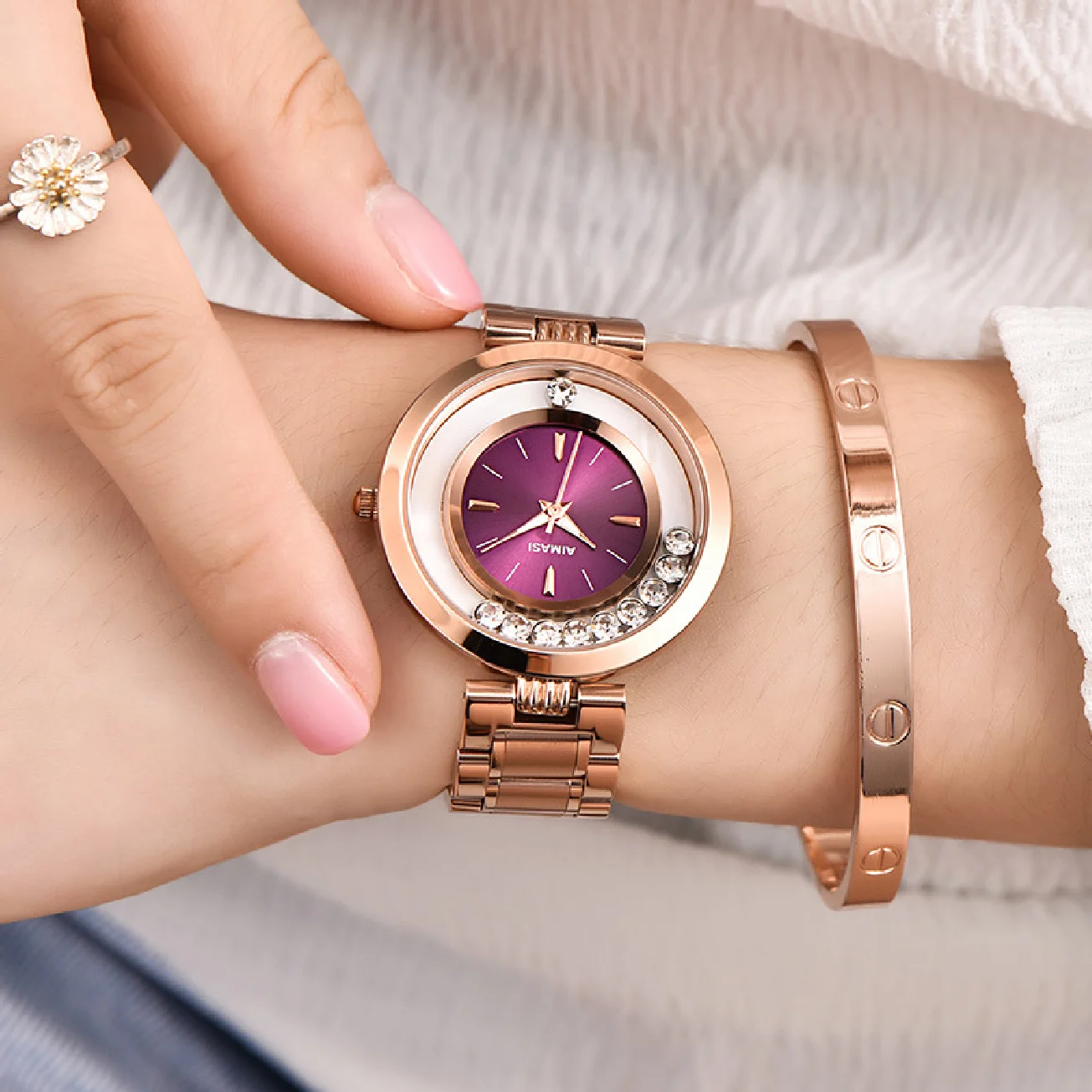 AIMASI Brand Women's Watches Ladies Fashion Luxury Rose Gold Stainless Steel Watches Ball crystal Women Rhinestone Clocks saat