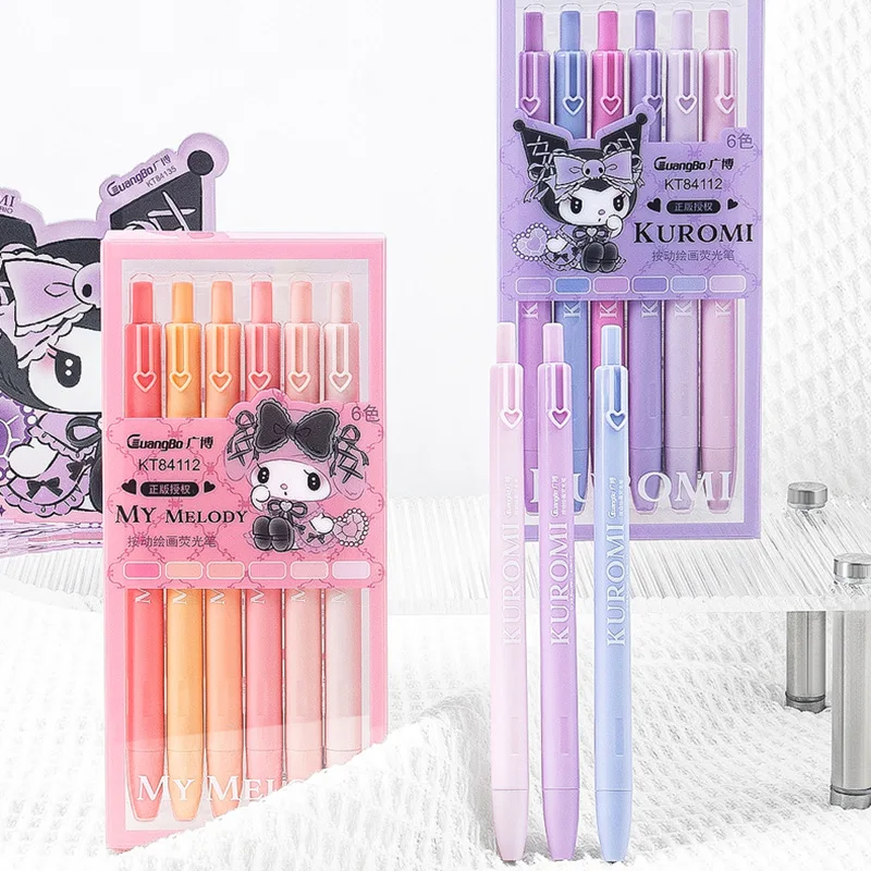 

6pcs/ Sanrio Kuromi Cartoon Color Press-type Painting Highlighter Creative Hand Account Cute Marker Pen Children School Supplies