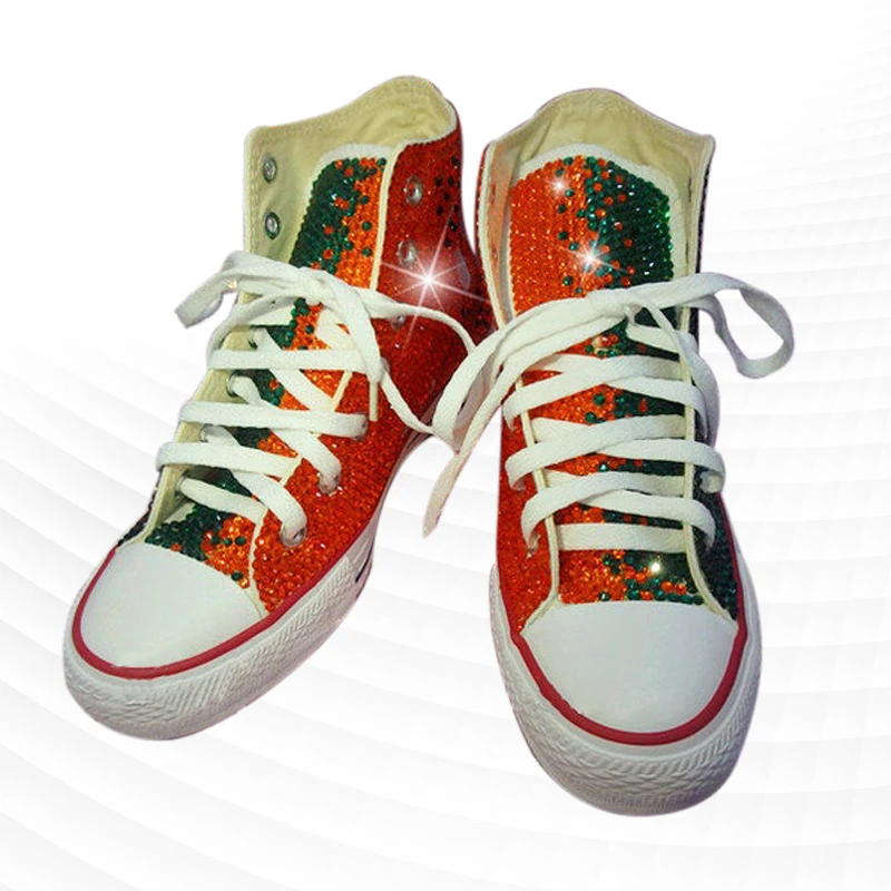 

Orange-green double spell rhinestone high-top canvas shoes street shooting comfortable handmade rhinestone vulcanizedshoes 35-46