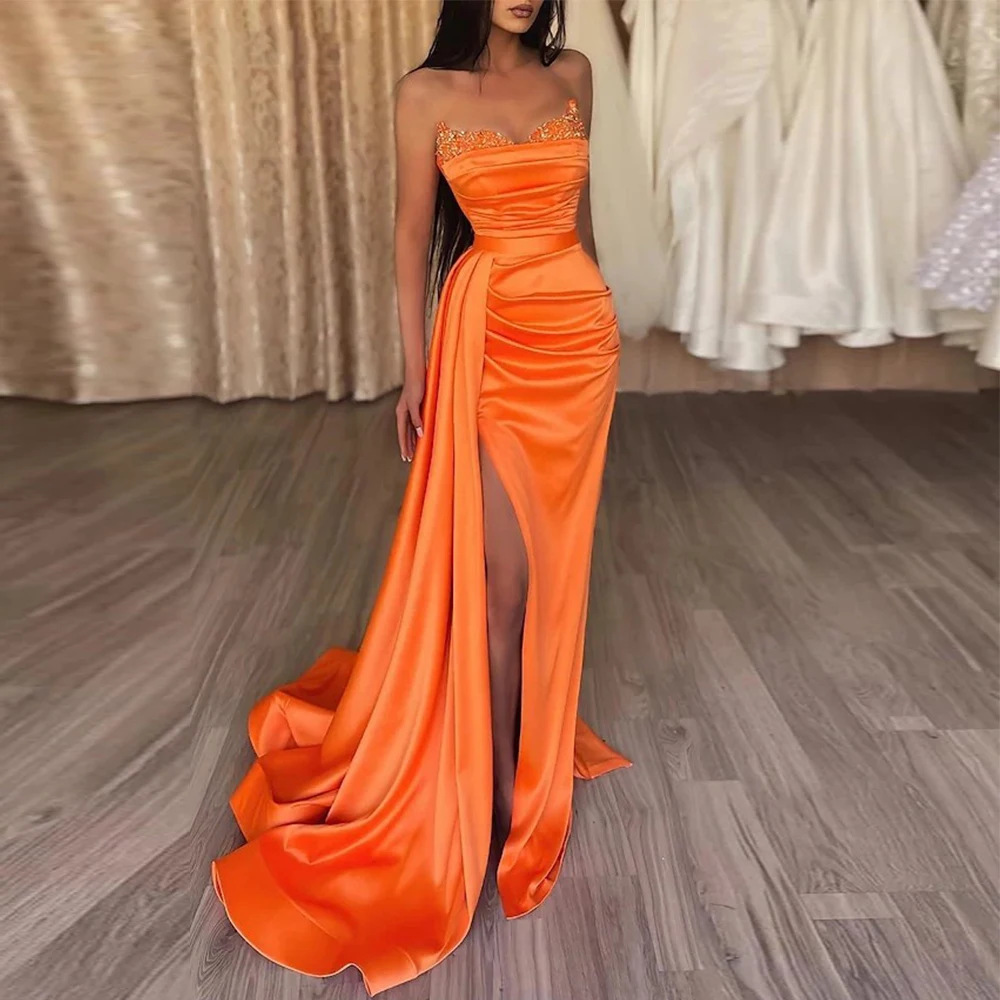 

2023 Sexy Satin Mermaid Long Evening Dress Spaghetti Straps Backless Sleeveless Simple Prom Gown Side Split Vestidos De Noche