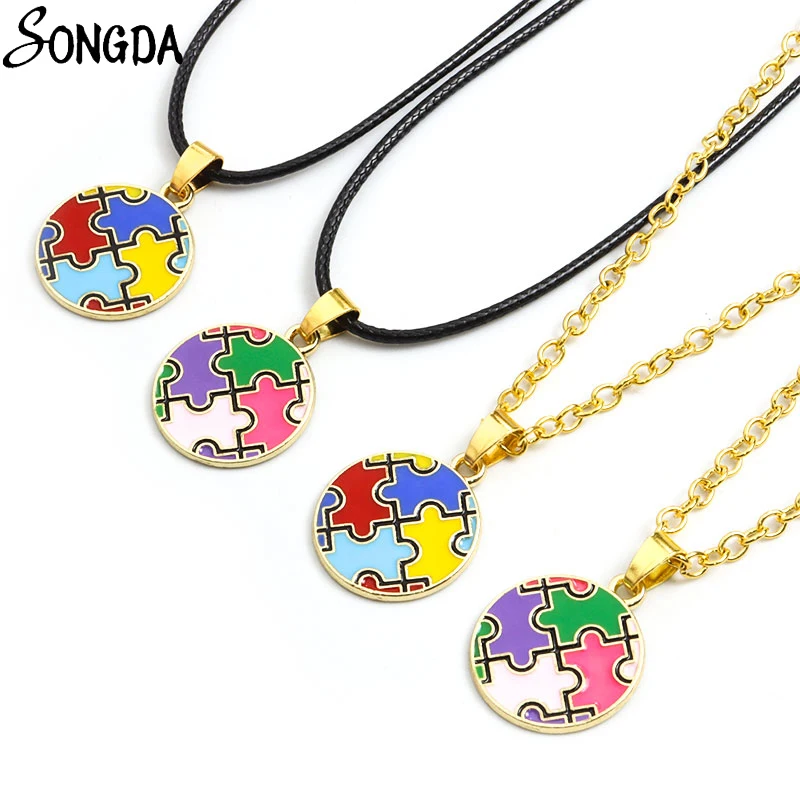 

Enamel Autism Awareness Puzzle Necklace for Women Men Gold Plated Round Pendant Necklace Vintage Jewelry Friend Family Gifts