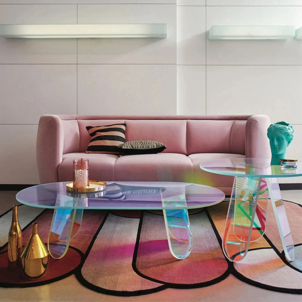 

Nordic Transparent Acrylic Table Simple Mini Side Table Colorful Laser Round Coffee Table Bedroom Bedside Living Room Furniture