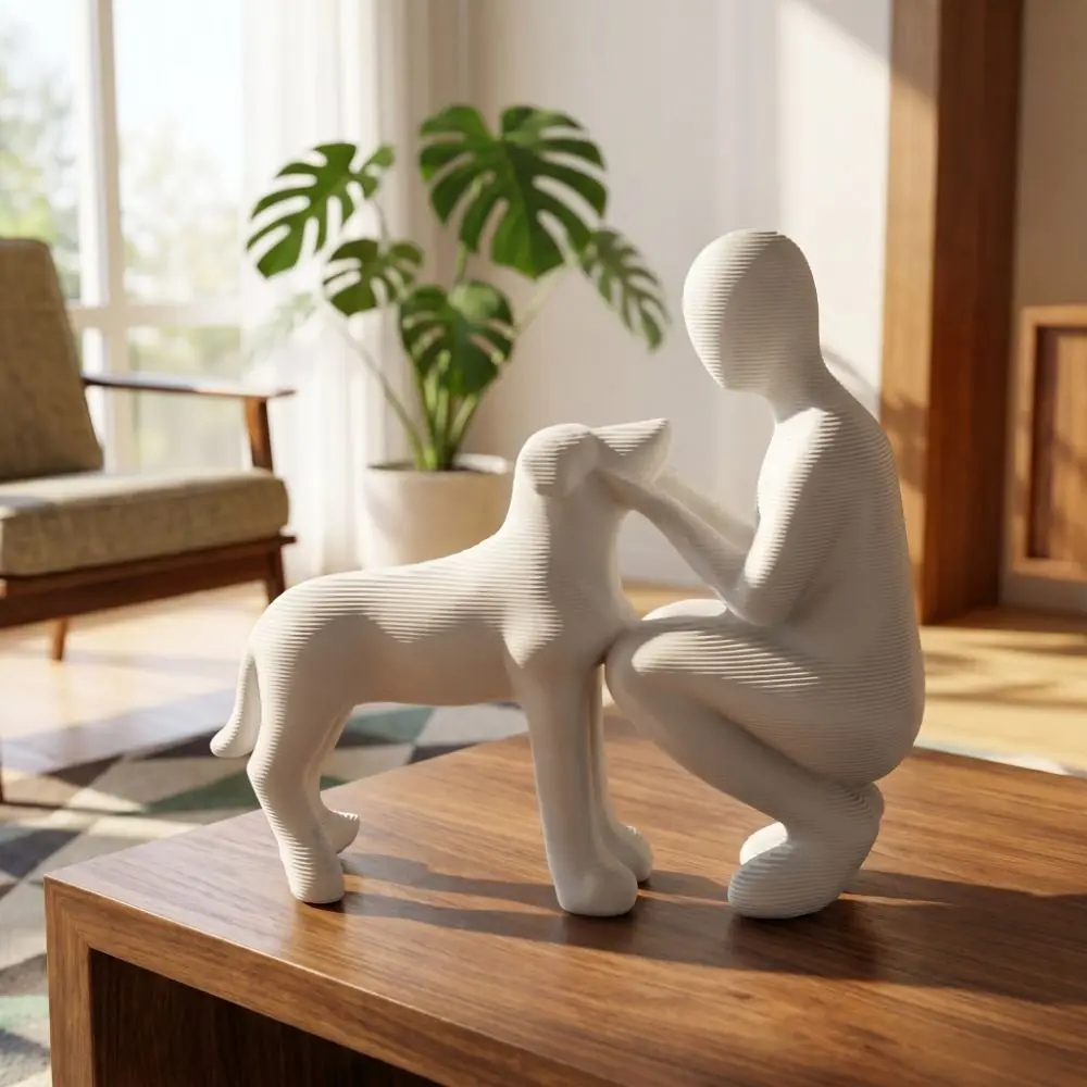 Фото 3D-печатные статуэтки девочки и собаки, скульптуры, фигурки собак, поделки, настольные украшения, забавные украшения для любителей животных, декор в скандинавском стиле для дома и комнаты №1