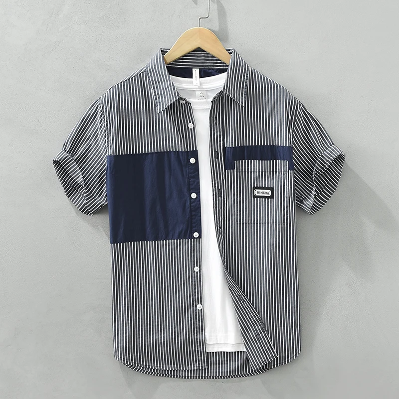 

Striped Patchwork Short Sleeve Shirt for Men Pure Cotton Turn-down Collar Tops 2023 Summer New Designer Clothes