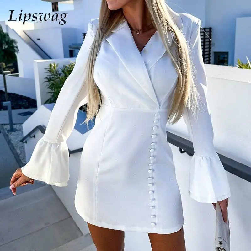 

Женское однотонное платье-блейзер с длинным рукавом, V-образным вырезом и отложным воротником