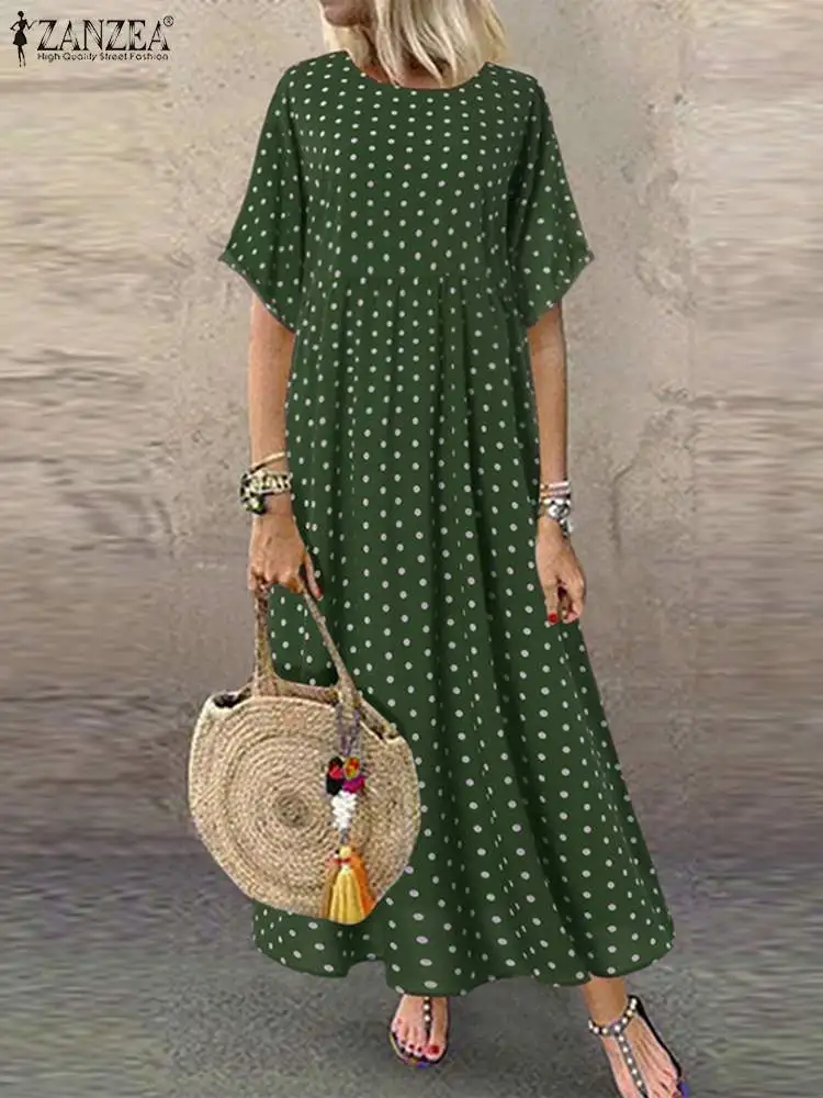 

Summer Short Sleeve Polka Dot Printed Beach Dress ZANZEA Bohemian Women Party Vestidos Vintage Holiday Long Sundress Robe Femme