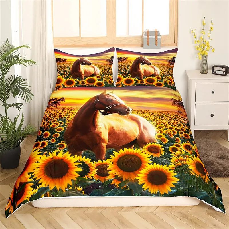 

Sunflower Floral Comforter Cover Queen For Boys Girls Adults Horse Duvet Cover Western Cowboy Farmhouse Animal Bedding Set Soft