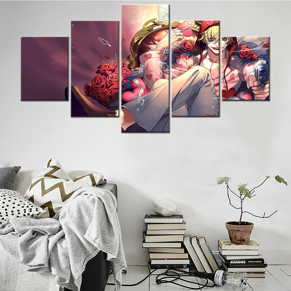 

5 Pieces Canvas Wall Arts Print Modern Anime Boy Rose Pistol Decoration Pictures Living Room Modular Poster Painting Home Decor
