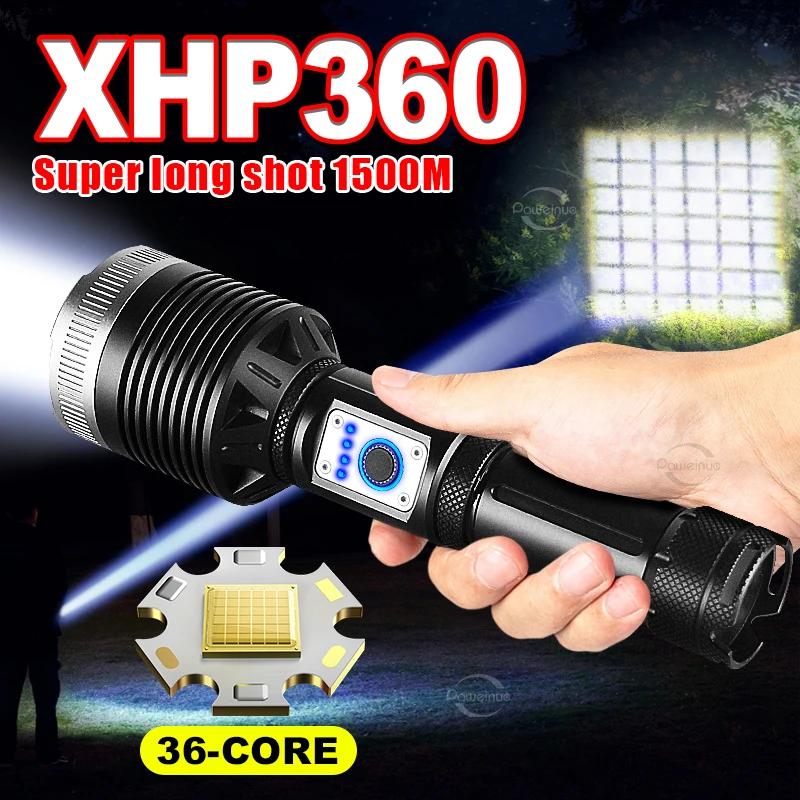 

5600LM Super XHP360 Мощность 1500 м Светодиодный фонарик 18650 Фонарик USB Перезаряжаемый фонарь IPX6 Водонепроницаемый Переключение зума Кемпинг