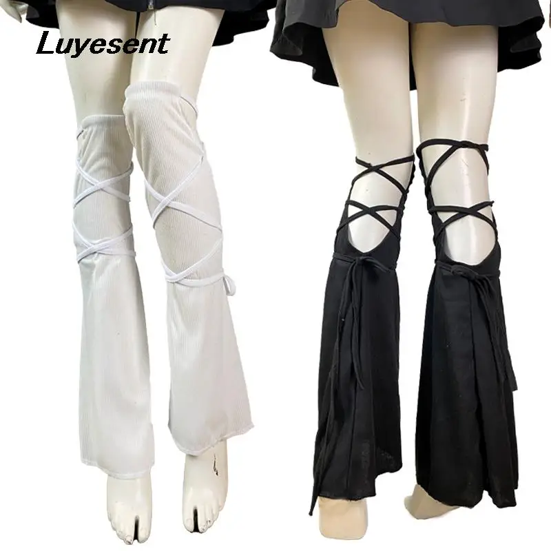 Black White Leg Warmer For Women 2023 Spring Flare Wide Leg Warmers Girls Y2k Slim Long Socks Gothic Clothing Sock Lace Up Rope