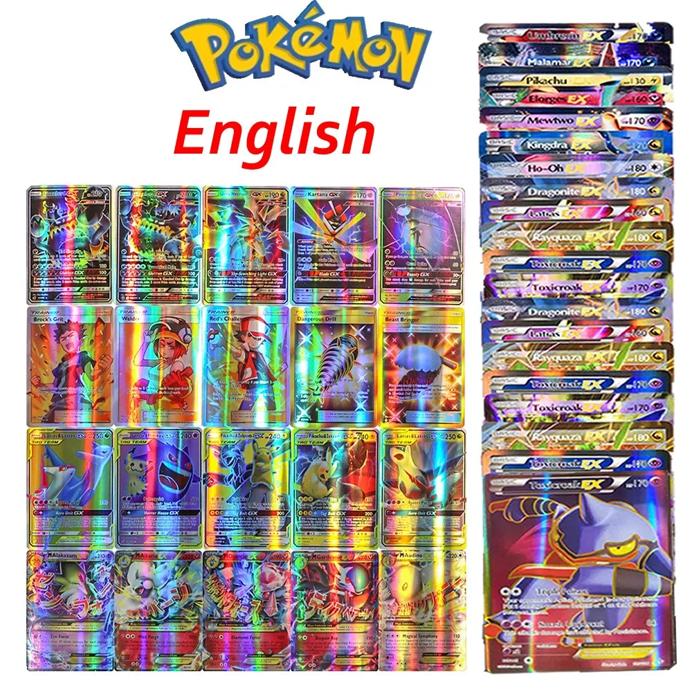 

Карты Pokemon 60-300 шт., покромон 100 VMAX 200 GX MEGA, Лидер продаж, детская Боевая бирка для английской игры, коллекция блестящих карточек