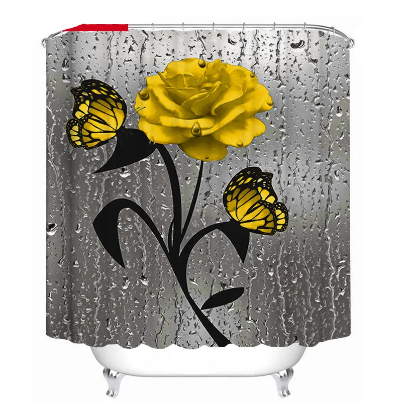 

Curtain Vintage Board Romance Rose Flower Butterfly 3D Creative Fabric Waterproof Bathroom Decor Sets with 12 Hooks