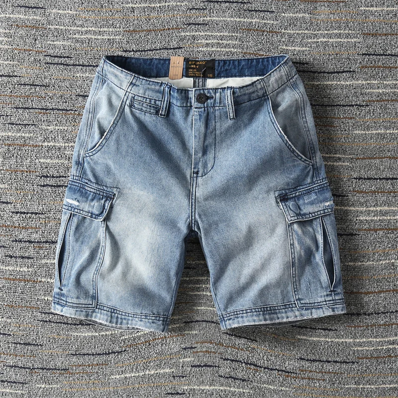 Men's Summer Multi Pockets Denim Shorts Plus Size Loose Casual Shorts Fashion Knee Length Cargo Shorts Beach Shorts