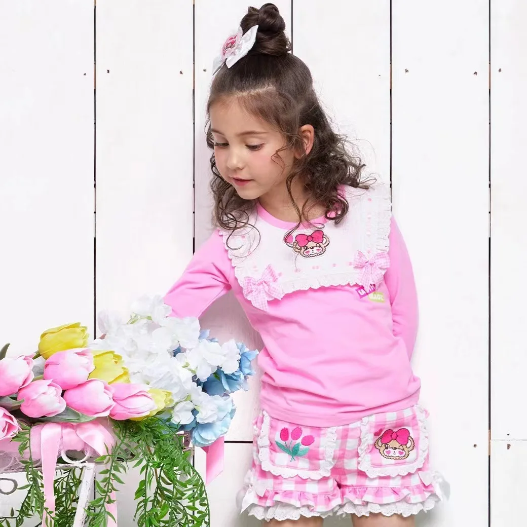 

Футболка для девочек, коллекция осень/зима 2023, модная брендовая эксклюзивная детская кружевная майка с бантом и длинным рукавом