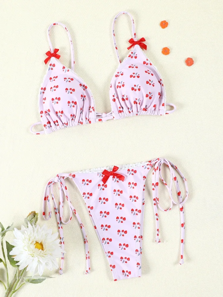 Купальник-бикини женский с принтом пикантный треугольный купальник бантом микро