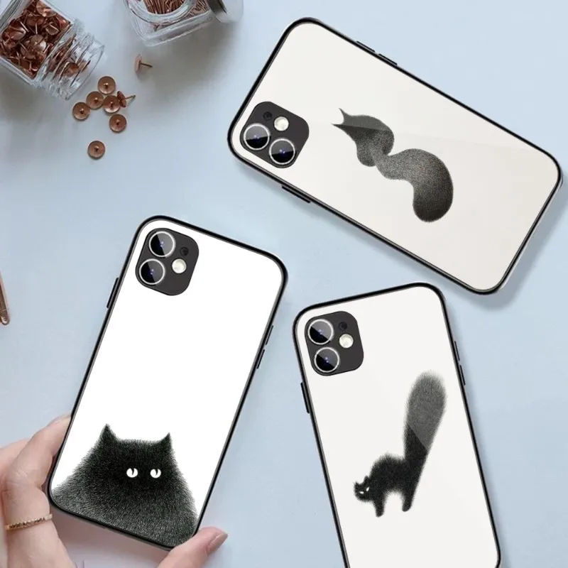 

Чехол со смешным котом для телефона IPhone 14, 13, 12, 11, XS, X, 8, 7, 6 Plus, Mini Pro Max, SE 2022, черный стеклянный чехол из поликарбоната и ТПУ для телефона