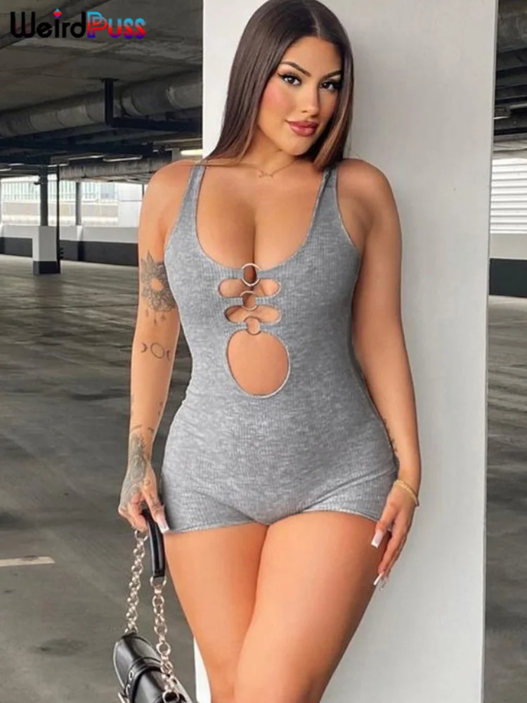 

Необычный Однотонный женский комбинезон без рукавов с вырезами, эластичный комбинезон с низким вырезом, однотонный комбинезон для активного отдыха, уличный комбинезон