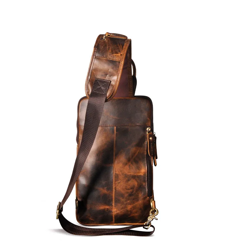Retro Fashion Luxury Men's Natural genuine Leather Chest Bag Daily Outdoor Travel Crazy Horse cowhide Brown Messenger Bag