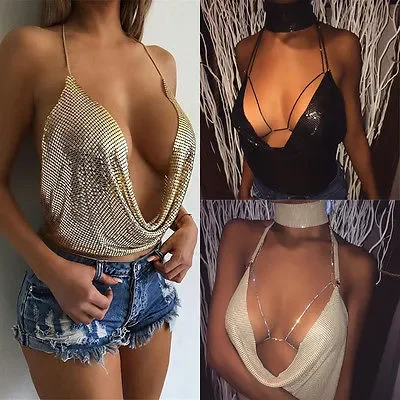 

Metal Crop Top Summer Sexy Club Backless Bralette Beach Halter Gold Sequined Party Women Tank Top Camisole