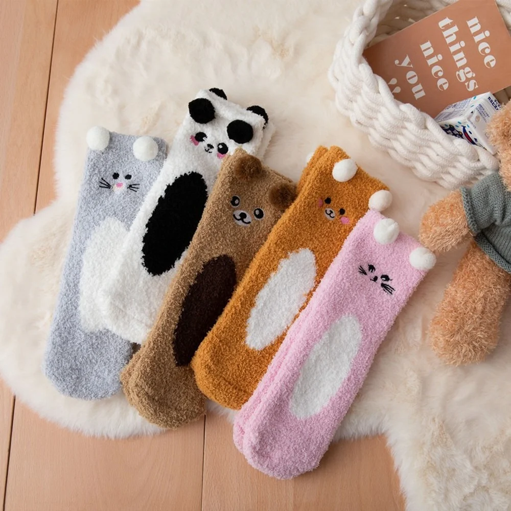 5 Pairs New Cute Pet Animal Women Home Floor Socks Cartoon Embroidered Coral Fleece Socks Fuzzy Cat Dog Sleeping Socks